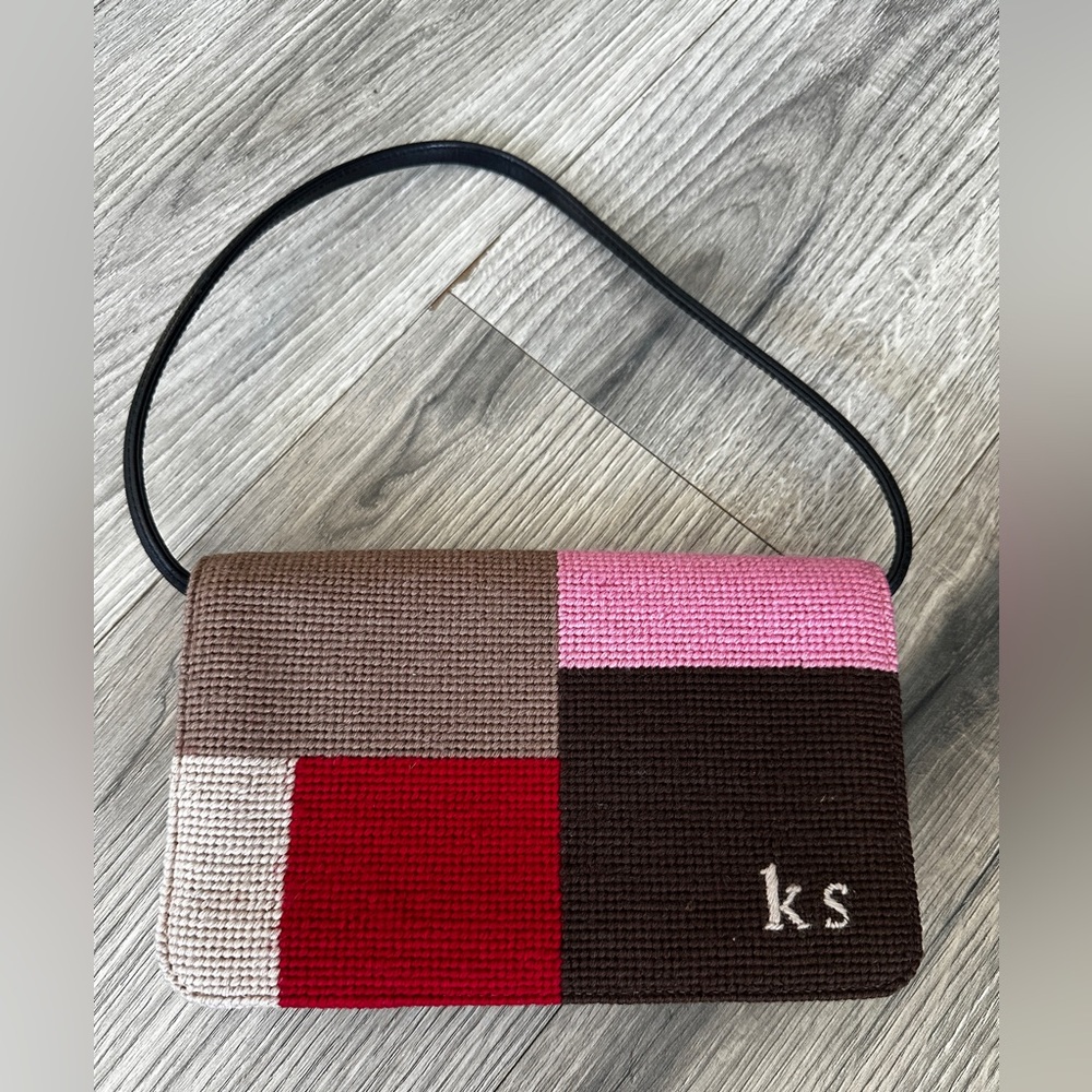 Vintage Kate Spade Needlepoint  Pink, Red, & Brown Colorblock Clutch